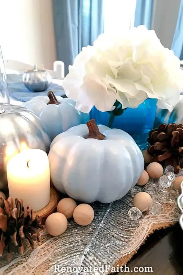 DIY Thanksgiving Tablescape with Blue Pumpkins