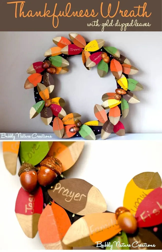 Thankfulness Wreath With Gold Dipped Leaves