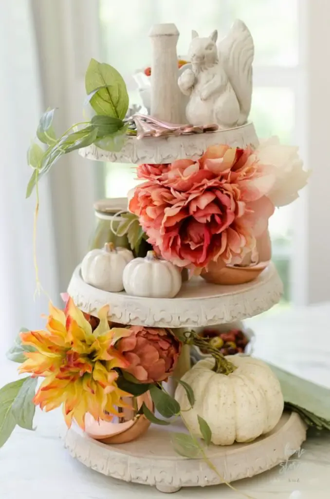 Tiered Tray With Fall Faux Floral Arrangements