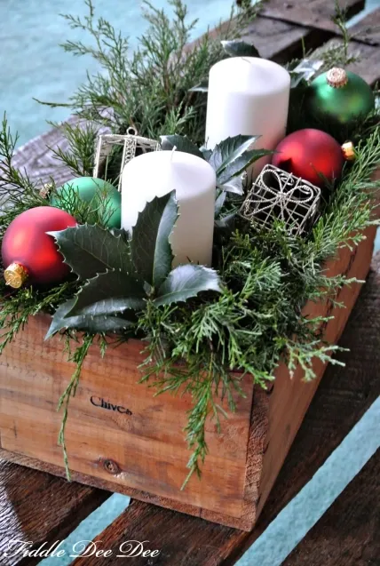 Christmas Crate Centerpiece With Fresh Greenery